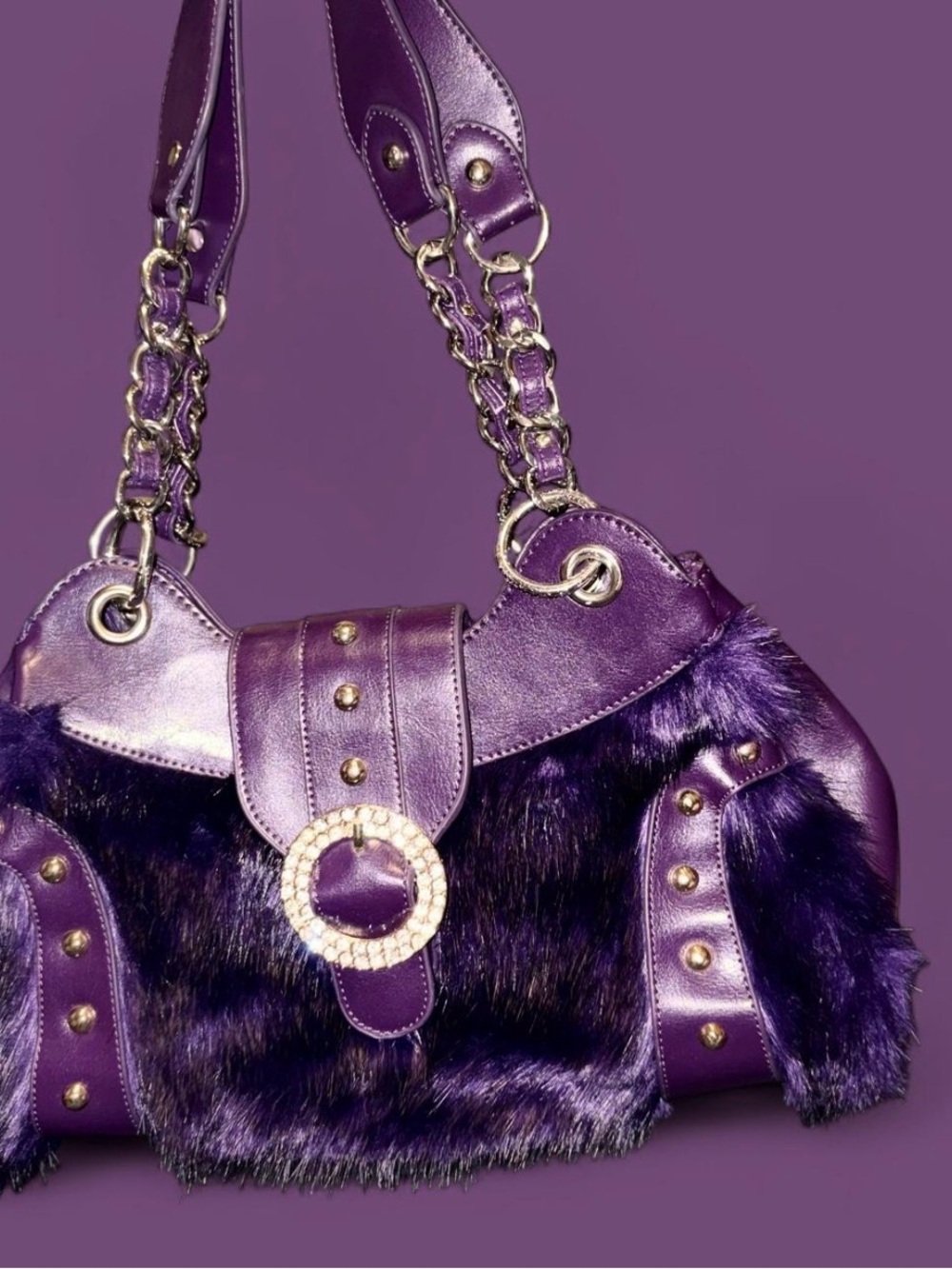 Vintage Y2K Sharif Purple Faux-Fur Shoulder Bag with Silver Hardware